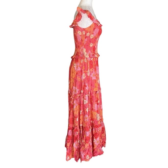 Abel the Label Coral Orange Pink Floral Print Smocked Off Shoulder Maxi Dress XS - Picture 8 of 14